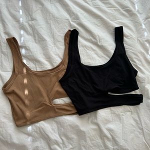 Haulter top crop top, with opening on the side. Available in both tan and black.